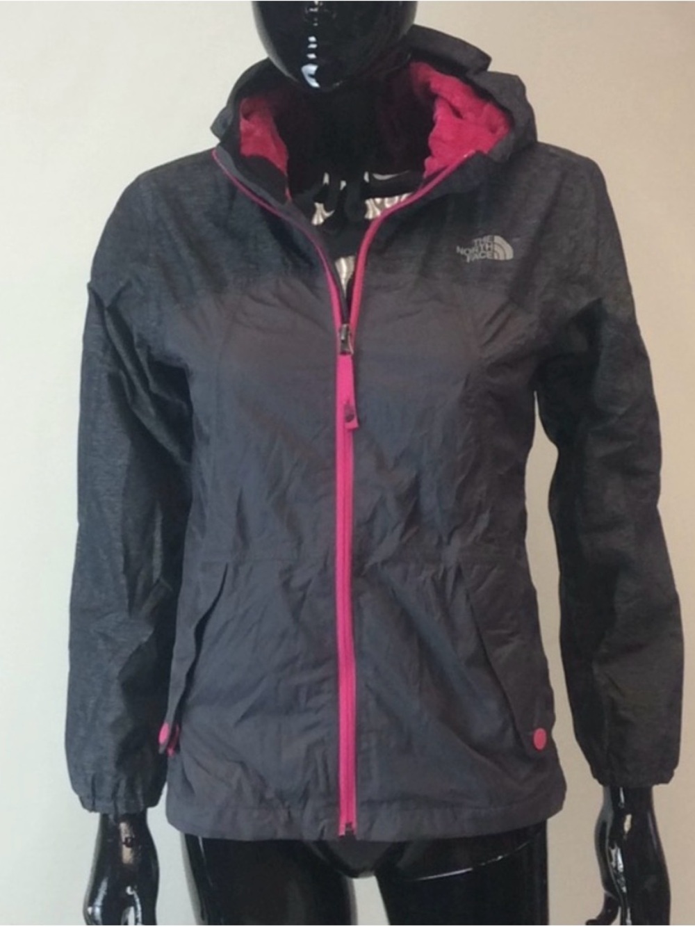 The North Face Girls Black/Gray Jacket with Pink Trim. Size Large.